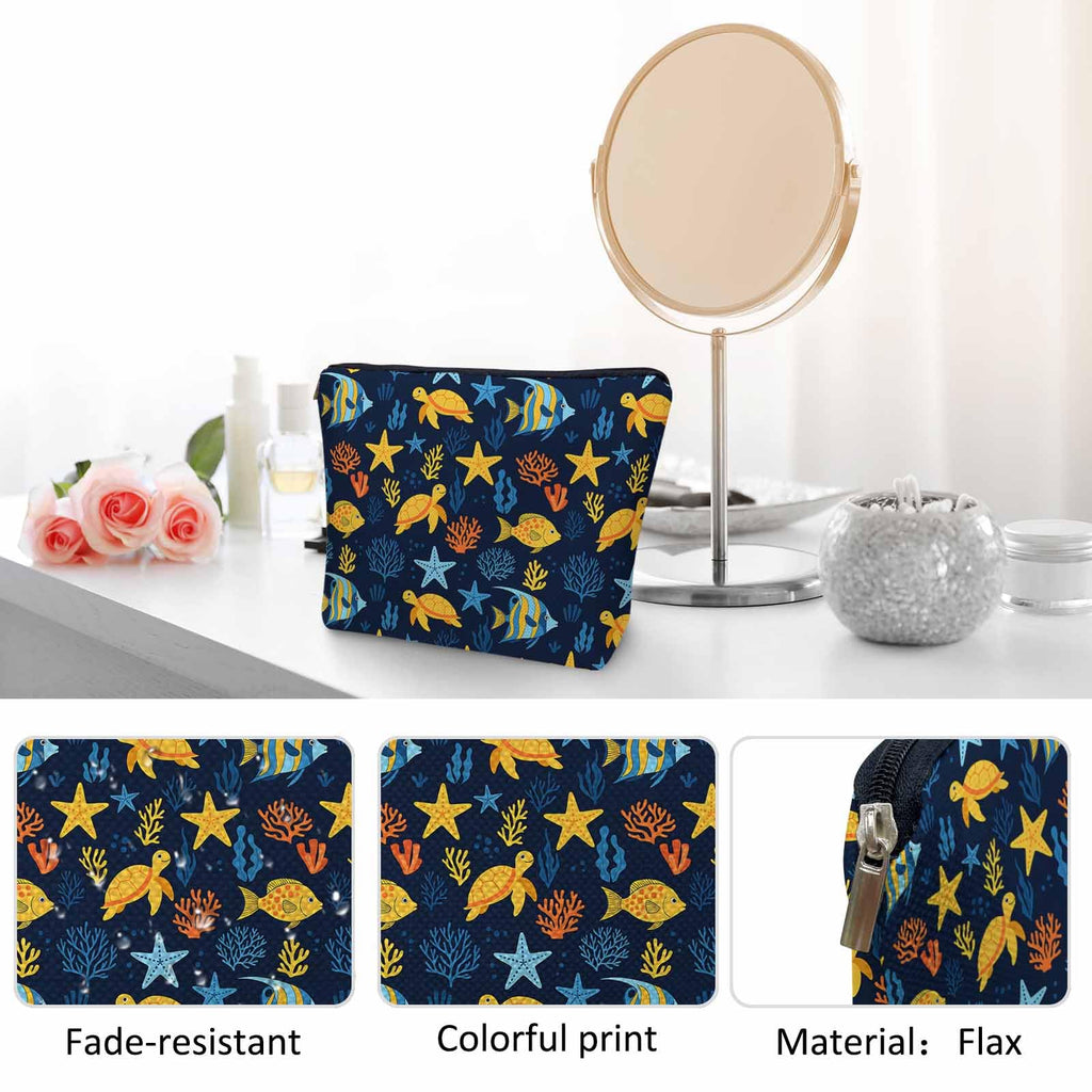 Kalygon Sea Animal Makeup Bags Makeup Organizer, Ocean Sea Turtle Starfish Seaweed Flax Toiletry Bags Travel Cosmetic Bag Makeup Purse Pouch Skincare Bag Wallet Bags For Women Female Mom Daughter