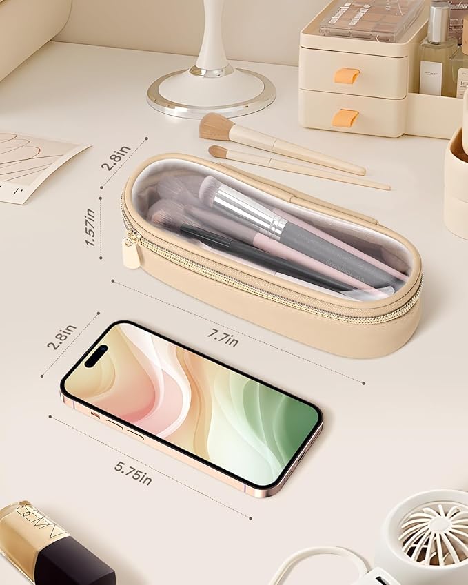 Soimeat Clear Travel Makeup Brush Holder, Leather Makeup Brush Toiletry Bag, Portable Cosmetic Brush Case, Transparent Waterproof Makeup Brush Storage Bag, Khaki