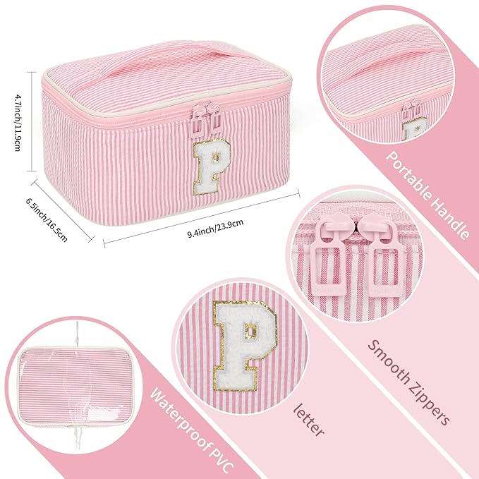 OCHEAL Makeup Bag for Women, Monogram Cosmetic Bag Pink Travel Makeup Case Beauty Toiletry Bag Organizer Personalized Gifts for Girls Bridesmaid, Sister, Wife, Friends Initial P