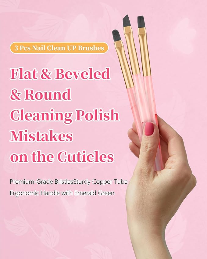 AMilHiTon 3PCS Nail Polish Clean Up Brush, Round/Flat/Angled, Emerald Pink