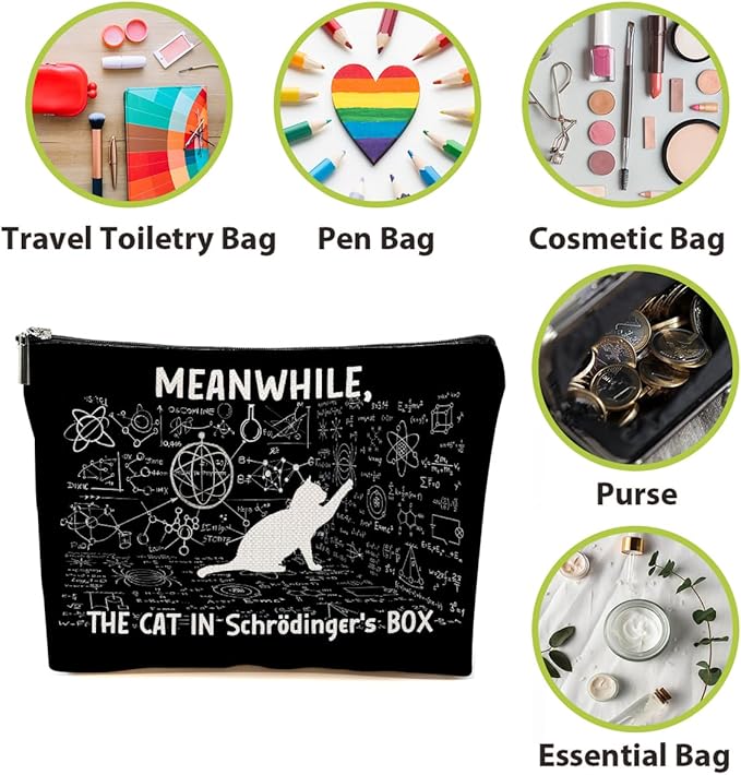 BQXH Funny Physics Makeup Bag, Physics Gifts Cosmetic Bag, Cat Lovers Organizer Zipper Pouch Science Teacher Gifts for Women Friends Sister Coworker Daughter Scientist Science Nerd