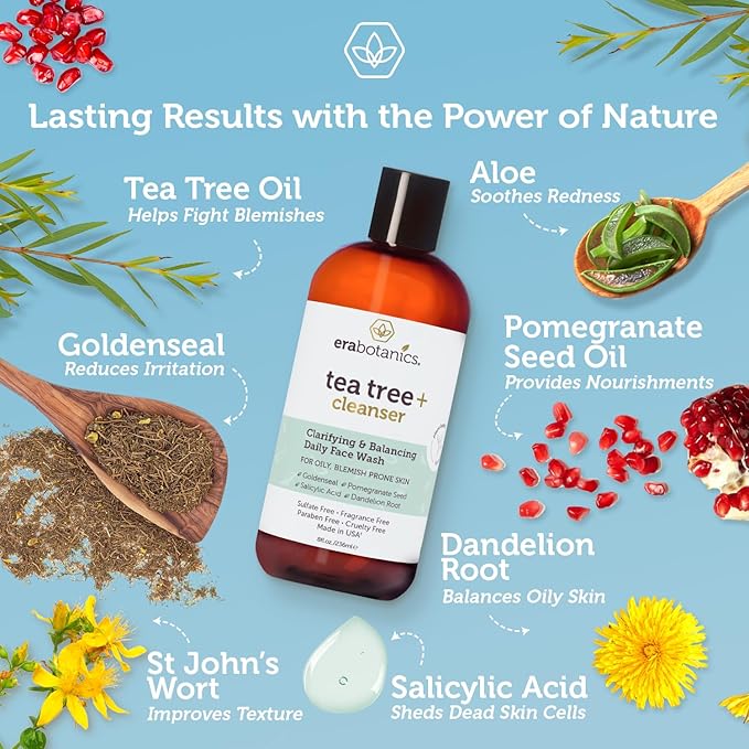 Era Organics Tea Tree Oil Face Wash - Salicylic Acid Cleanser for Oily Skin