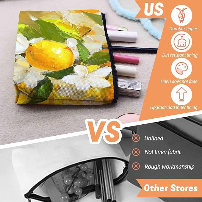 Scribesense Cosmetic Bags Travel Makeup Toilet Case Waterproof Pouch for Women Girls 6.7X9.45inches - Oil Painting of Lemons And White Flowers