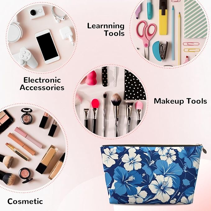 Dultua Mothers Day Gifts Makeup Bag Purse Cosmetic Bag Travel Toiletry Leather Make Up Bags for Mom Wife Women Daughter Blue Hibiscus