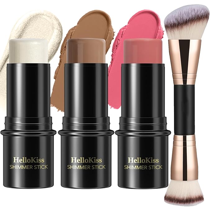 3 Pcs Cream Contour Stick Makeup Kit, Shades with Highlighter,Blush and Bronzer Contour Stick for Sculpt the Cheeks, Waterproof, Matte & Dewy Finish (Light-Medium,#02+#10+#12)