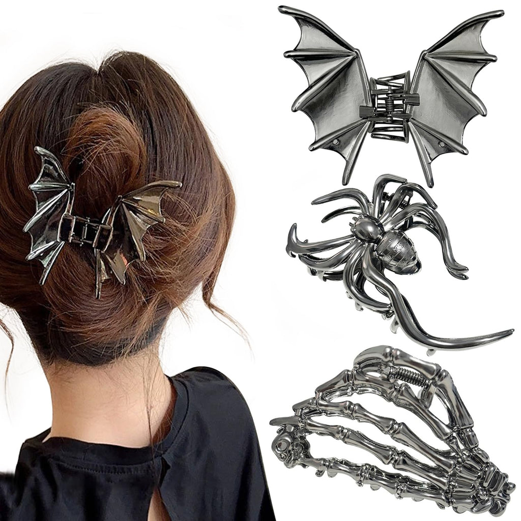 Parcce 3 PCS Gothic Hair Claw Clips for Women, Metallic Black Bat Spider Skeleton Hand Hair Clips, Strong Hold Halloween Hair Accessories for Thick Thin Hair, Costume Party Everyday Styling Gifts