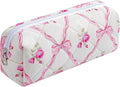 HHQQWZ Cute Floral Cotton Makeup Brush Cosmetic Bag for Women, Travel Quilted Zipper Make Up Bag, Flowers Toiletry Organizer Case Kawaii Makeup Cosmetic Travel Cloth Pouch (Pink Bowknot)