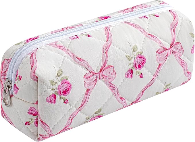 HHQQWZ Cute Floral Cotton Makeup Brush Cosmetic Bag for Women, Travel Quilted Zipper Make Up Bag, Flowers Toiletry Organizer Case Kawaii Makeup Cosmetic Travel Cloth Pouch (Pink Bowknot)