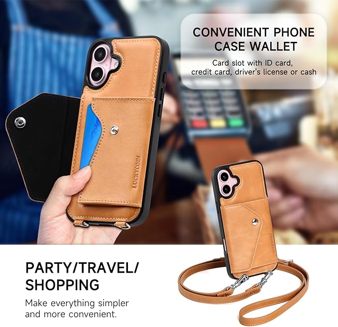 LUCKYCOIN Crossbody Phone Case for iPhone 16 Plus,100% Genuine Leather Phone Wallet Case for Women, Premium Hands-Free Phone Purse with Expandable Flip Card Holder & Adjustable Strap - Retro Tan