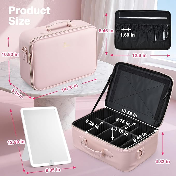 Faquenc Large Makeup Bag with LED Mirror,15”Cosmetic Train Case for Makeup Artists,Travel Makeup Organizer Case w Divider Rechargeable Vanity Mirror with 3 Color Lights for Barber,MUA,Nail Tech, Pink