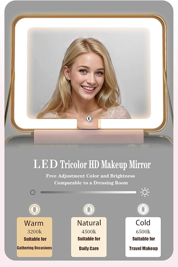 ZhenGuiRu Travle Makeup Bag with LED Mirror, Makeup Train Case with Light Up Mirror, Portable Waterproof Makeup Organizer with Adjustable Dividers, Cosmetic Brush Holder Storage for Women Gift