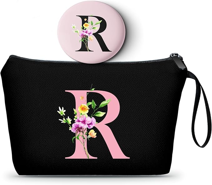 A-Z Womens Gifts for Birthday, Initial Cute Makeup Bag with Mirror, R