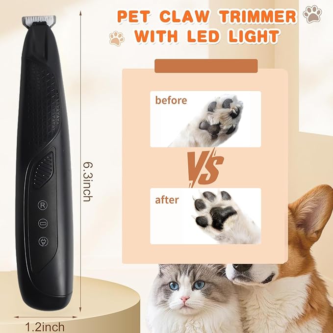 JNEKWOZ Professional Dog & Cat Trimmer - Quiet Electric Pet Grooming Kit for Ears/Eyes/Paws with LED Light - Cordless Battery-Powered Fur & Nail Clipper for Small/Large Breeds (Black)