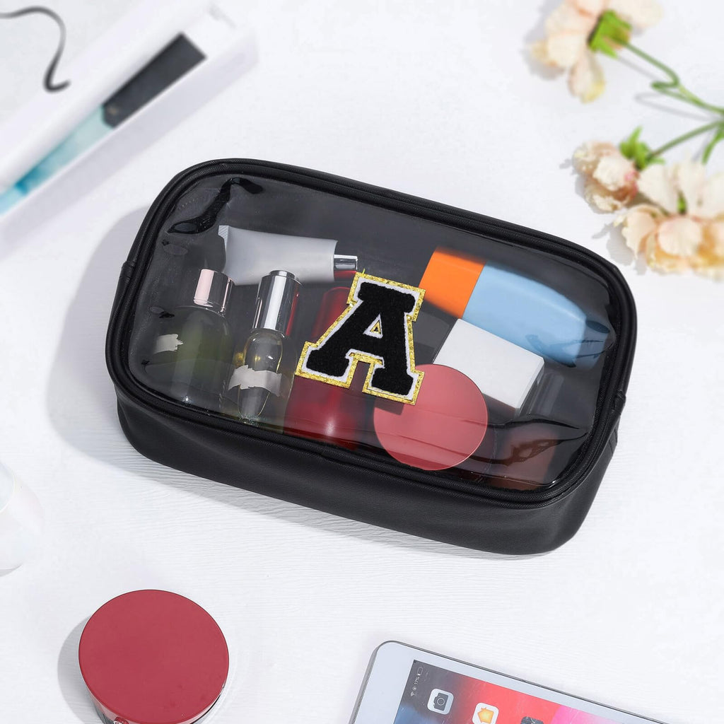 YOOLIFE Initial Make Up Bag Travel Toiletry Bag for Women, Clear Makeup Bag Organizer Cosmetic Bags Travel Essentials Gifts for Women Teen Girlfriend Teacher Mom Birthday Mothers Day Gifts Black E