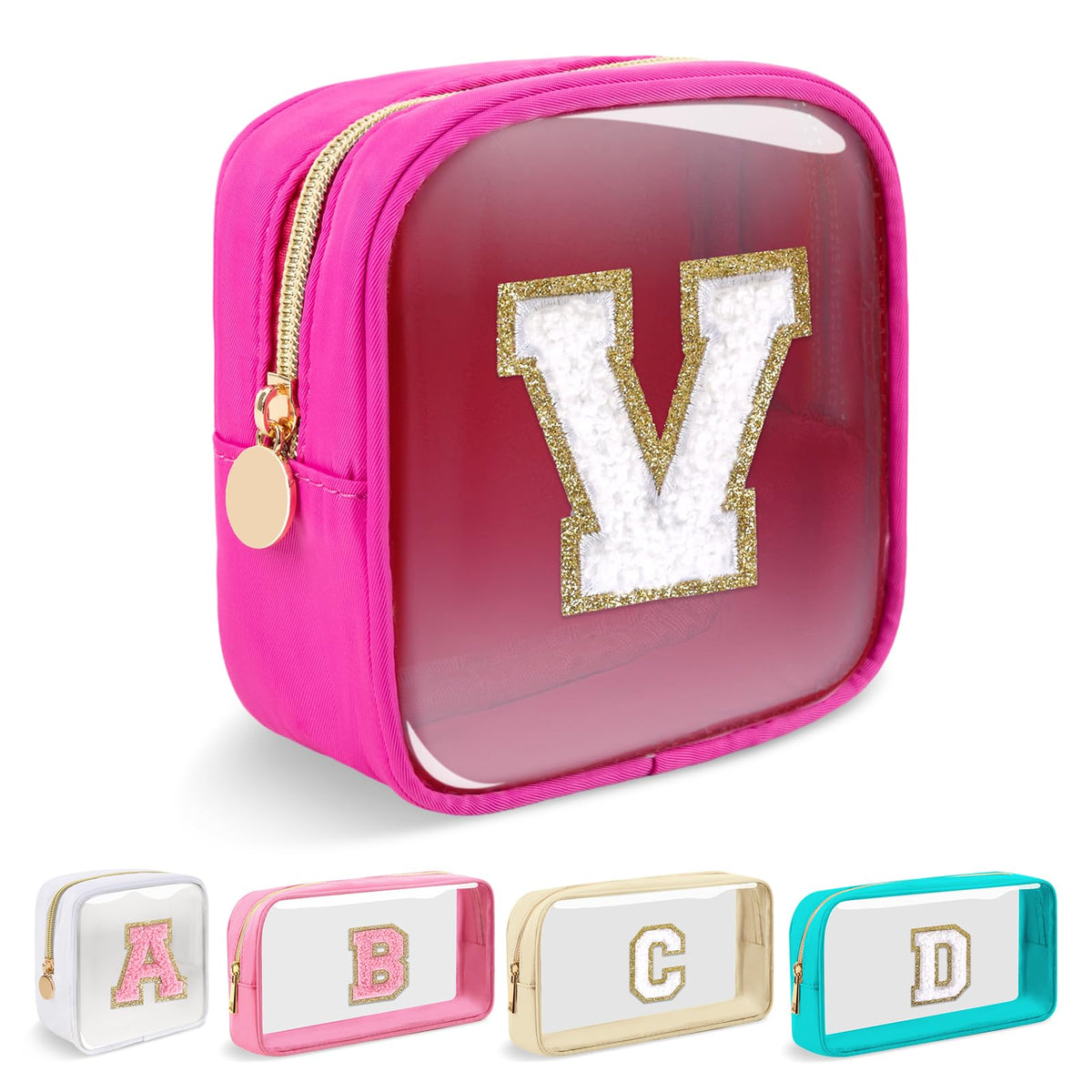 Small Clear Personalized Initial Makeup Bag, Preppy Nylon A-Z Chenille Letter Patch Makeup Organizer TSA Approved Travel Toiletry Bag,Waterproof Zip Beach Cosmetic Pouch Purse for Women(Pink-Pink V)