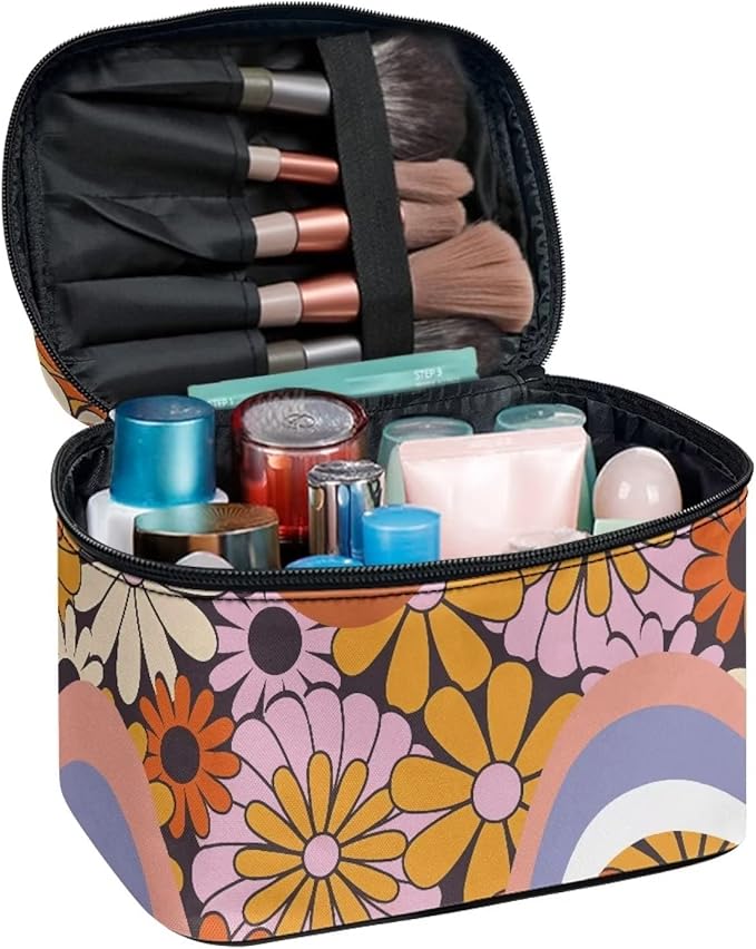 Drydeepin Hippie Daisy 70s 80s Wavy Swirl Design Makeup Bags for Women Large Capacity Toiletry Organizer Bags Portable Tote Cosmetic Pouch with Carry Handle and Brushes Slots Travel Sccessories