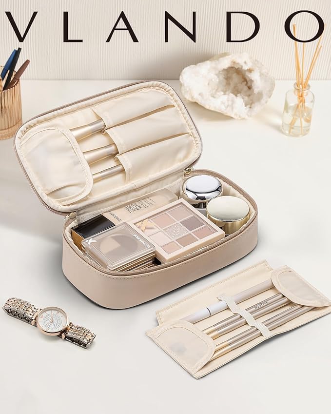 VLANDO Travel Makeup Bag with Separate Brush Storage,Toffee