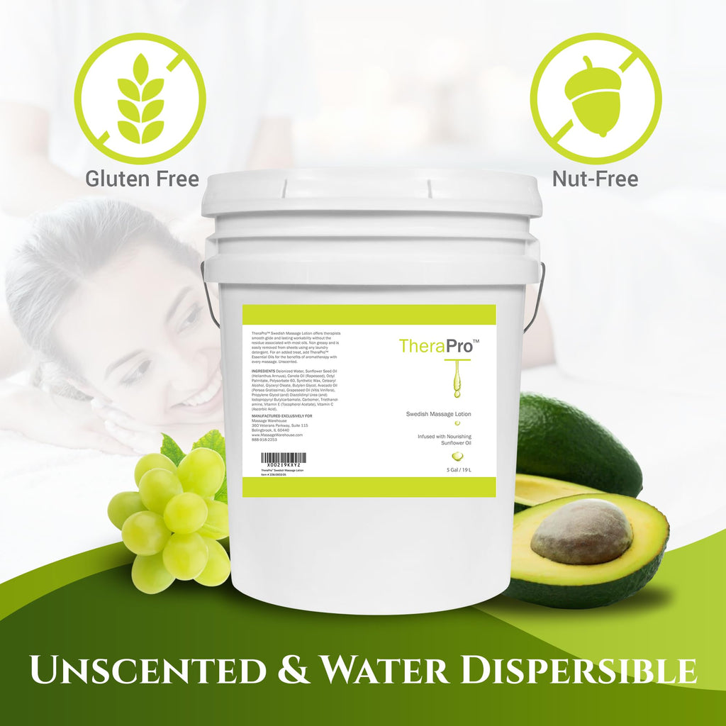 Swedish Massage Lotion by TheraPro - 5 Gallon - Unscented, Water Dispersible - Swedish Deep Tissue Massage Lotion for Massage Therapy - Smooth Glide No Sticky Residue