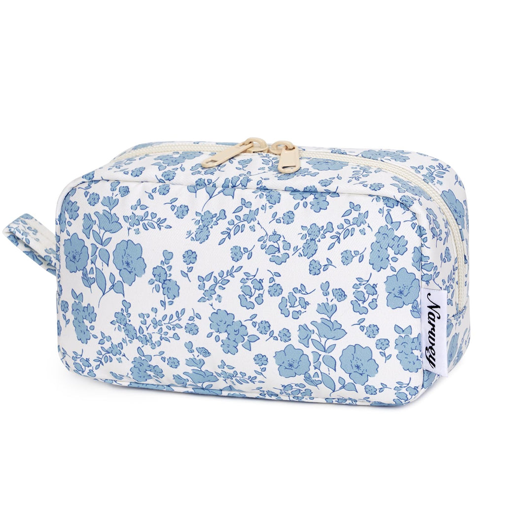 Narwey Small Makeup Bag for Purse Travel Makeup Pouch Mini Cosmetic Bag Zipper Pouch for Women (Blue Flower, Small)