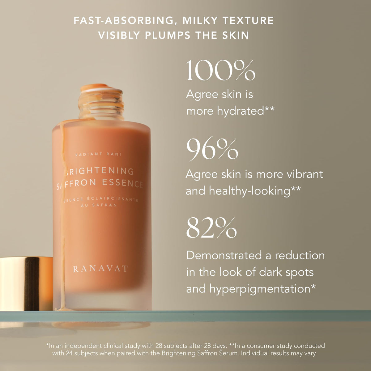 RANAVAT Radiant Rani Brightening Saffron Facial Essence - Hydrating Milk Toner Formulated with Niacinamide & Squalane to Moisturize & Calm Skin - Helps Improve the Appearance of Dark Spots (100ml)