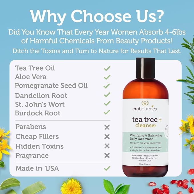 Era Organics Tea Tree Oil Face Wash - Salicylic Acid Cleanser for Oily Skin