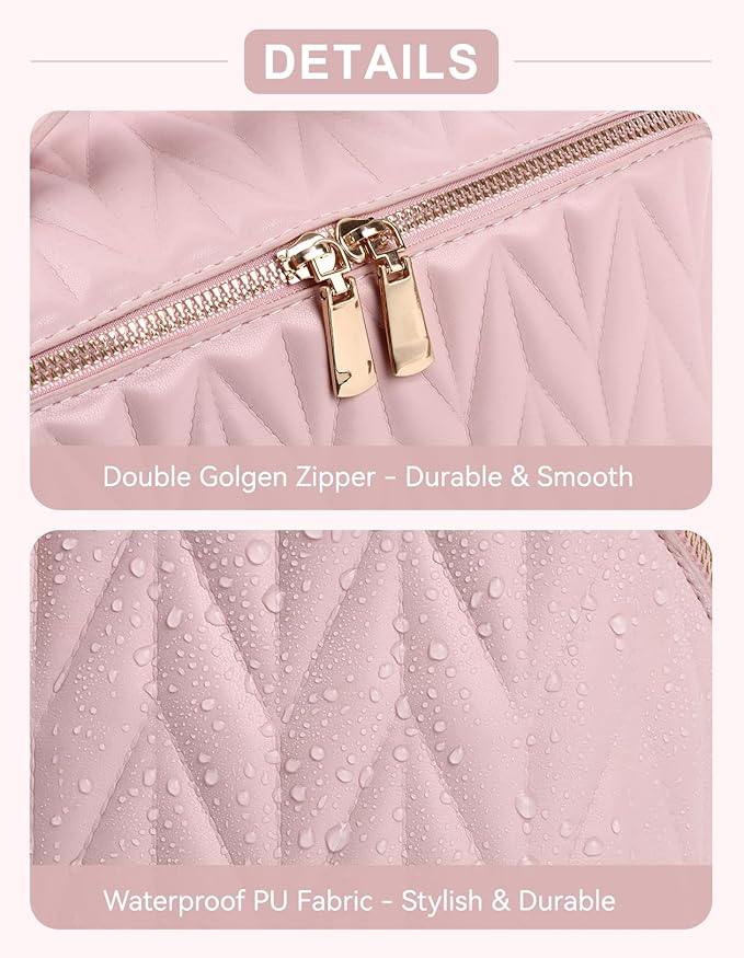 VIDIBESTY Travel Makeup Bag for Women, Large Capacity Cosmetic Bags for Girls, Compact Pouch Make up Organizer, Waterproof Toiletry Bag with Divider and Handle (Pink)