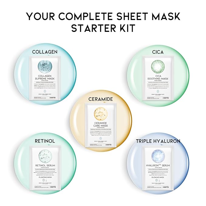 #OOTD Sheet Mask Kit with Collagen,Cica,Ceramide,Vitamin C,Retinol(5-Pack)