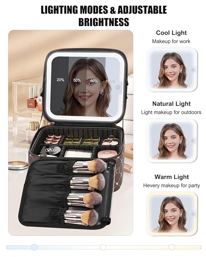 Relavel Travel Makeup Bag With LED Mirror, Brown Bowknot