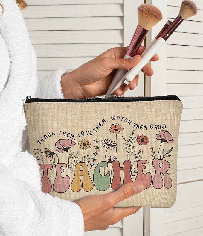 BARPERY Teacher Appreciation Gifts, Thank You Teacher Gift Vintage Wildflowers Floral Cosmetic Bag, 60s 70s Groovy Retro Floral Cosmetic Bag for Women