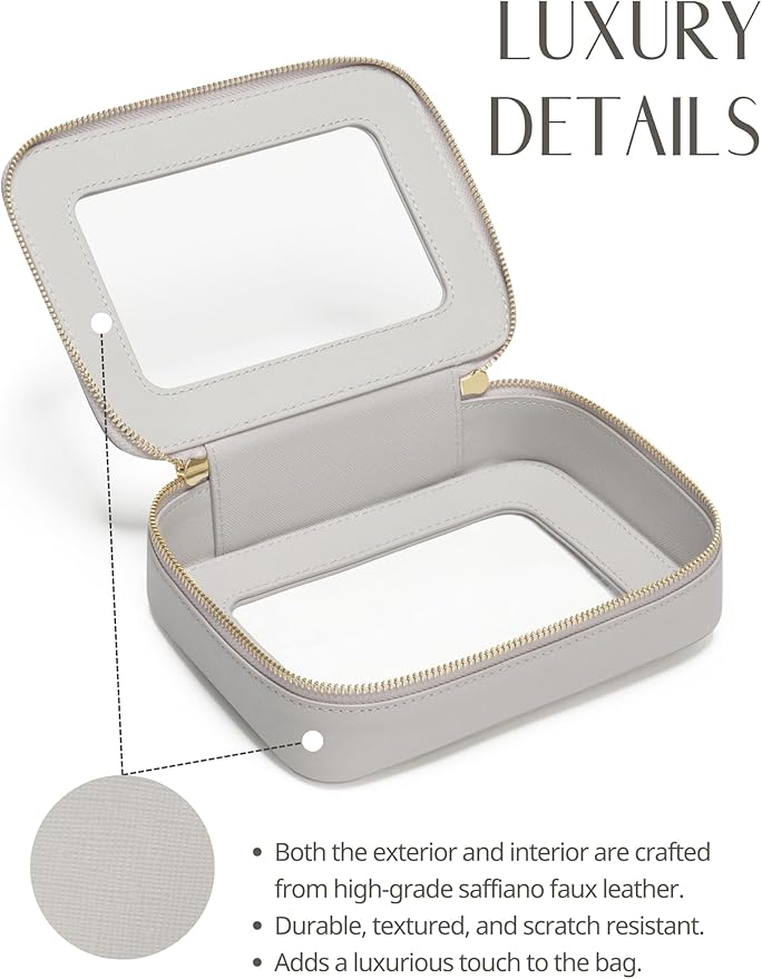Popvibe Clear Makeup Case Toiletry Bag Travel Medium Clear Cosmetic Bag with Zipper, Small Make Up Bag Organizer Traveling TSA Approved Transparent Bag Car for Essentials, Beige Grey