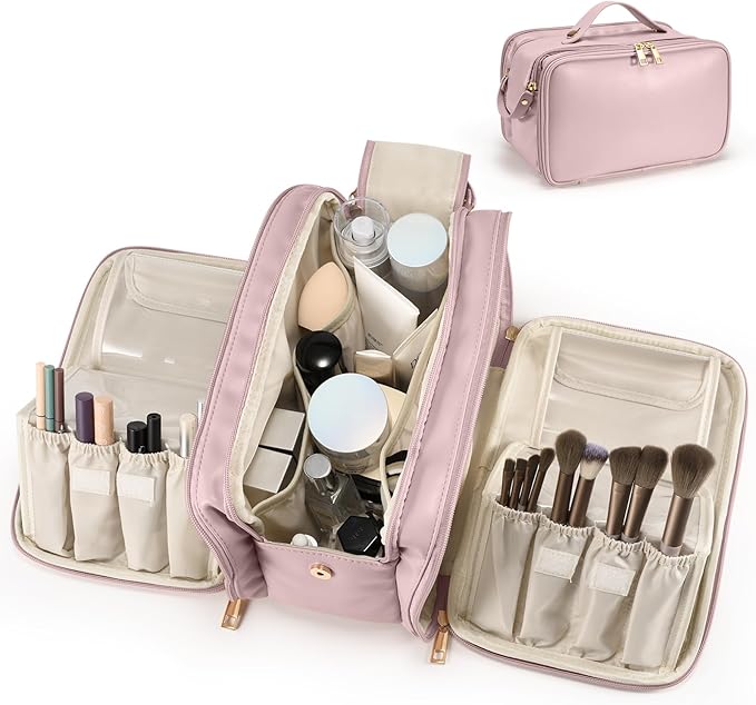 HauteHues Travel Makeup Bag Women's Large Capacity Cosmetic Portable Organizer Large Opening Waterproof Storage Toiletry Bags Vertical Free-Standing Brush Holder for Easy Access Pink