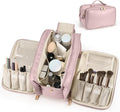HauteHues Travel Makeup Bag Women's Large Capacity Cosmetic Portable Organizer Large Opening Waterproof Storage Toiletry Bags Vertical Free-Standing Brush Holder for Easy Access Pink