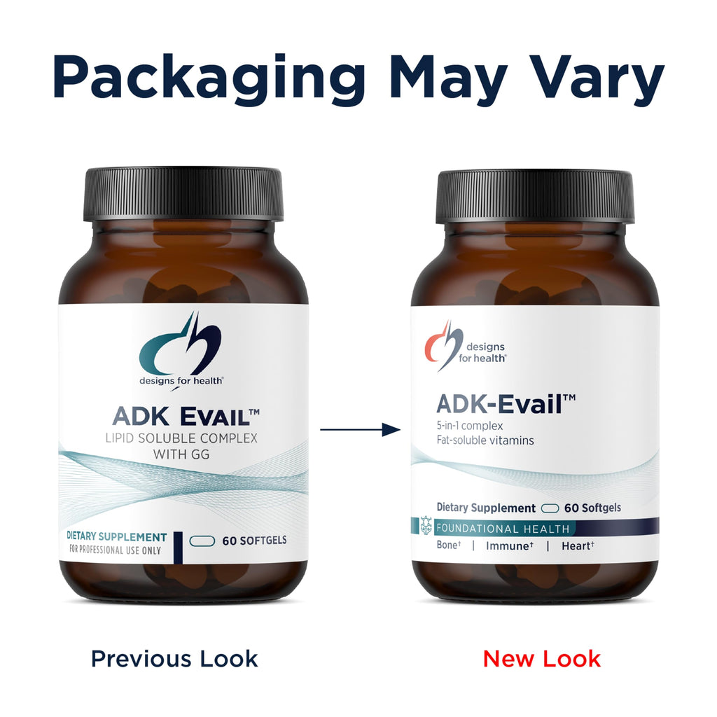 Designs for Health ADK Evail - 5000 IU VIT D3 with Vitamins A, E (Annatto Gamma Delta Tocotrienols), K (K1 + K2) - Fat Soluble Vitamin D Complex - Bone + Immune Support - Non-GMO (60 Softgels)