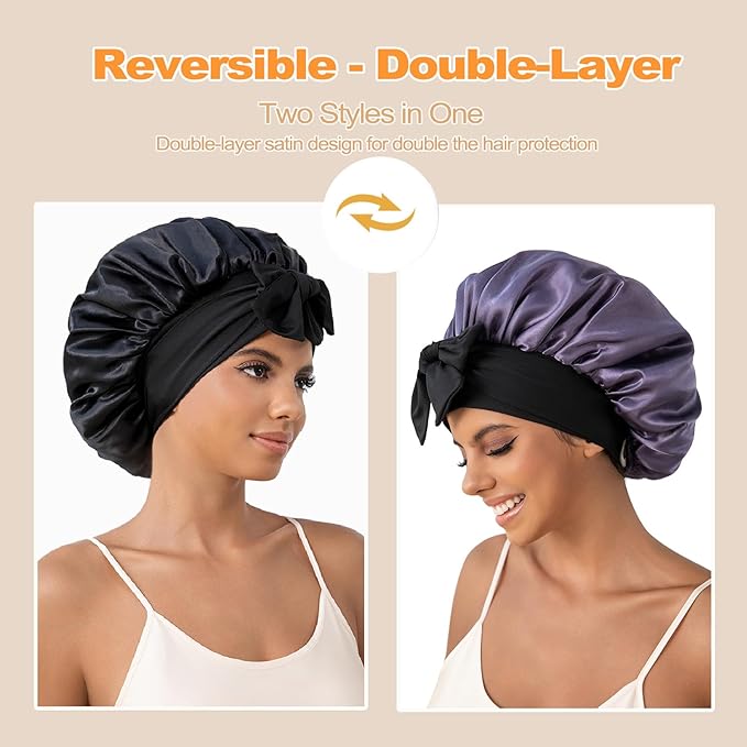 GDTOGRT Satin Silk Bonnet for Sleeping Women, Double Layer Sleep Hair Bonnets Caps for Curly Natural Hair with Tie Band - Black