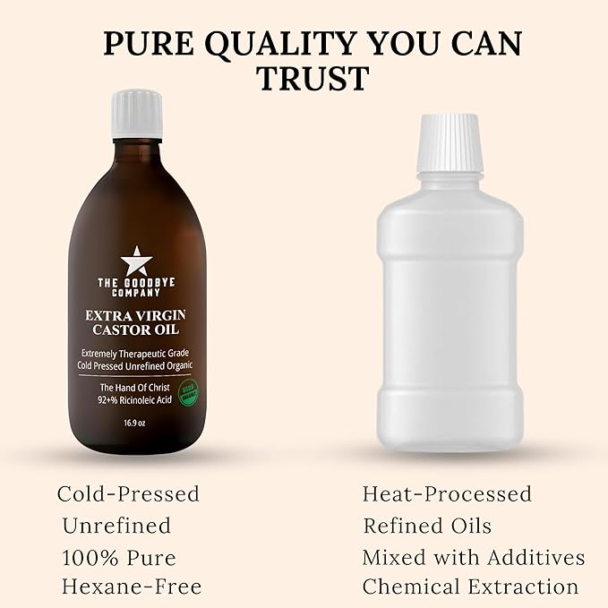 GoodBye Company USDA Organic Cold-Pressed Castor Oil, 16.9 oz Amber Glass Bottle, Hexane-Free, Extra Virgin, Food Grade, for Hair, Skin, Lashes, Brows & Digestive