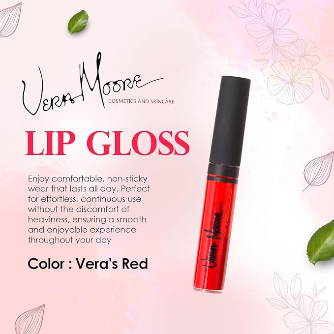 VERA MOORE COSMETICS AND SKIN CARE Lip Gloss, Moisturizing Lip Color with Shimmer for Long Lasting Shine, Lightweight Lip Stain, Girls Non-Sticky Lip Gloss with Aloe Vera, W/Vitamin C, E (Vera's Red)