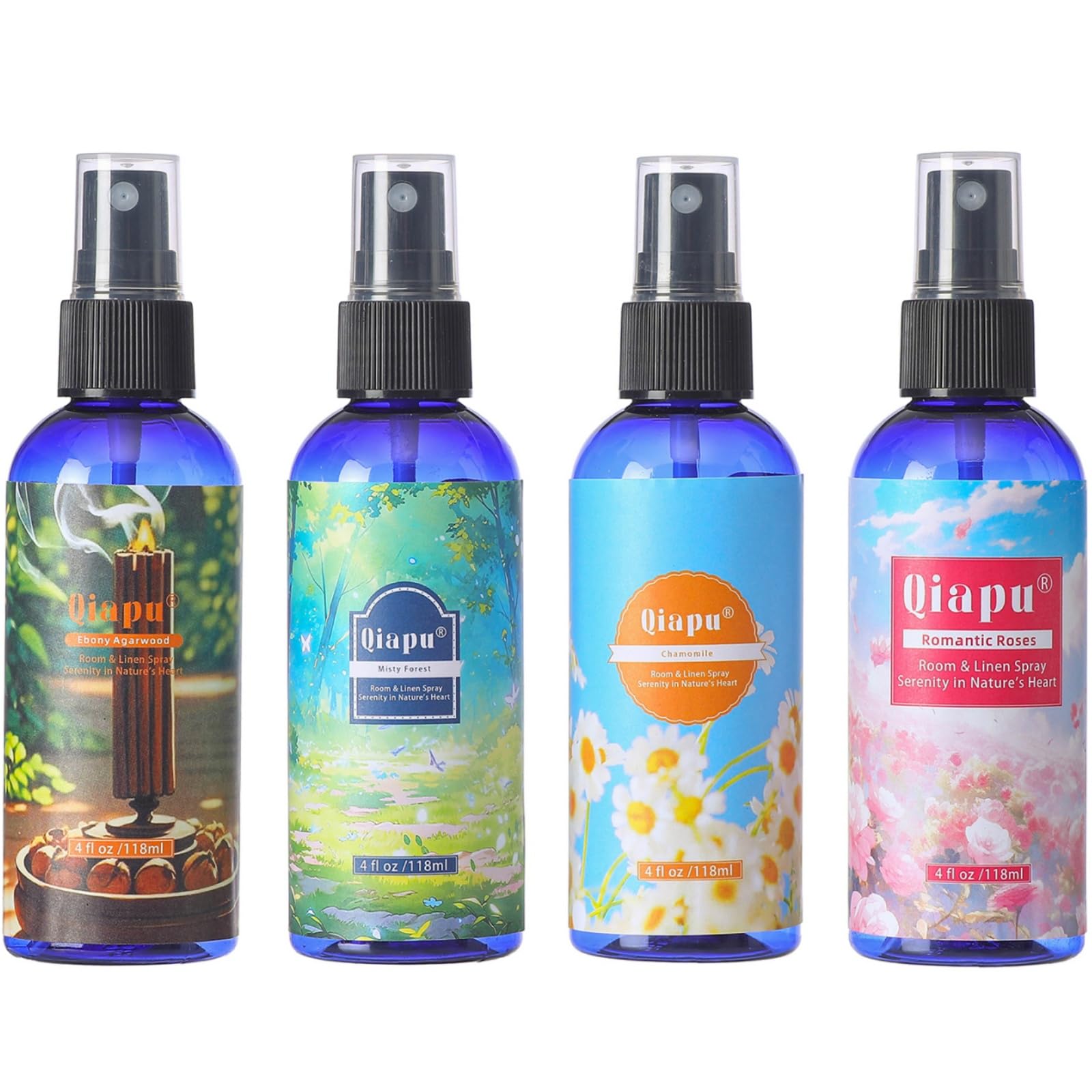 Natural Bedroom Linen Spray Scented Room Mist with Plant Extracts Long Lasting Freshness for Sheets, Pillows & Curtains –Ebony Agarwood + Misty Forest + Chamomile + Romantic Rose 4oz（4 Bottle）