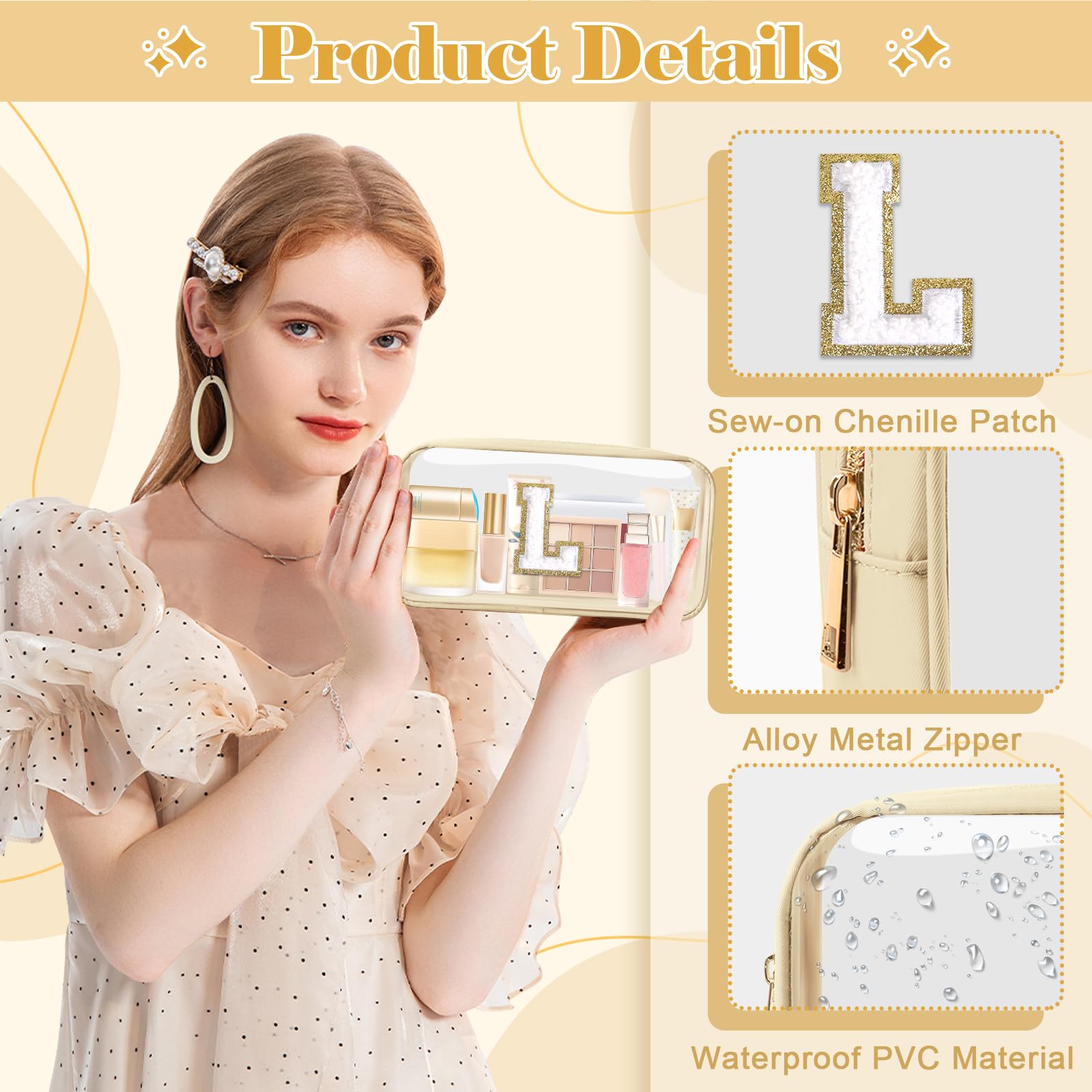 Personalized Initial Letter Clear Makeup Bag,Preppy Small Nylon&PVC Cosmetic Zipper Bag with Chenille Letter,Portable Beach Travel Skincare Toiletry Bag,Trendy Monogram Gift for Teen Girls Women,L