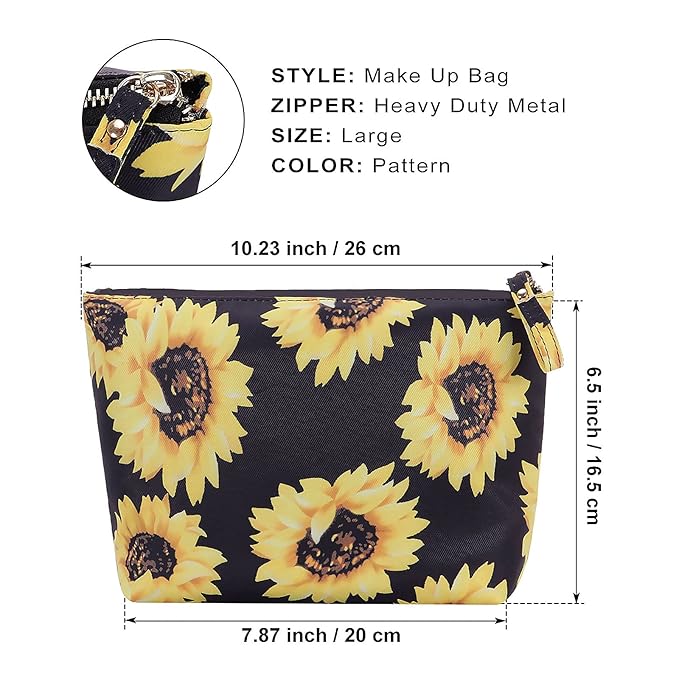 HAWEE Cosmetic Bag for Women Make up Storage Pouch Case Portable Zipper Travel Accessories Organizer for Toiletry Water Repellent, Sunflower