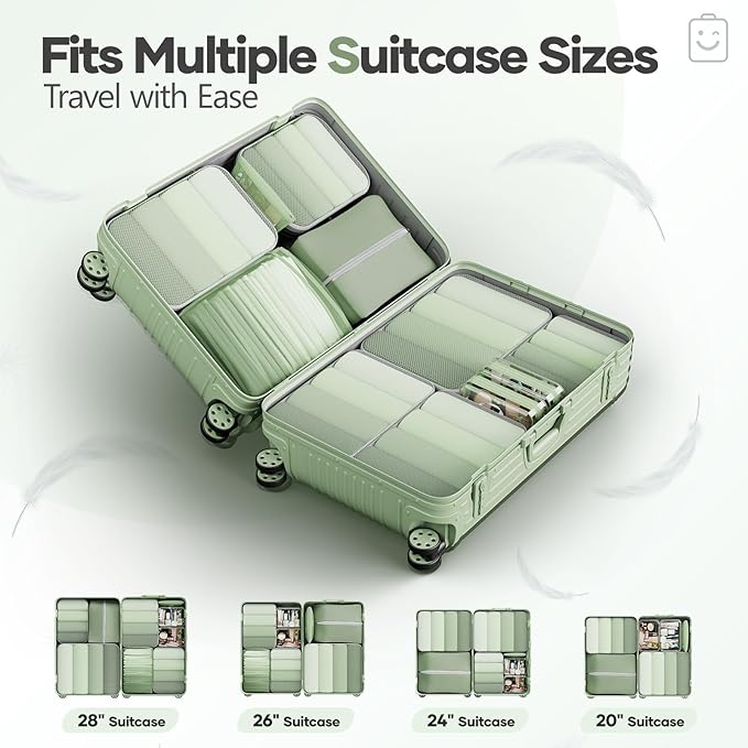 Veken 11 Set Compression Packing Cubes Garment Bags for Travel Essentials,Compressible Expandable Luggage Organizer Bags for Clothing,Space Saver Bags with Over 1000 pcs of Mesh Holes(Matcha Green)