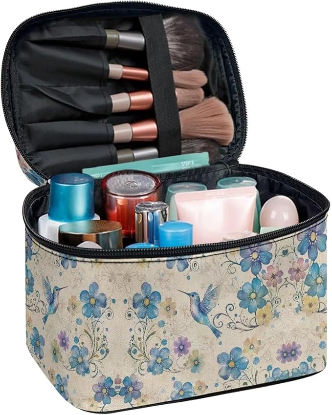 Drydeepin Blue Hummingbird Floral Pattern Travel Makeup Bags for Women Portable Tote Cosmetic Case with Carry Handle Toiletry Accessories Storage Organizer Bags