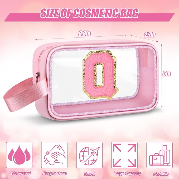 Vodolo Initial Makeup Bag,Letter Q Cute Clear Monogrammed Cosmetic Travel Bag for Womens Girls,Personalized Pink Aesthetic Traveling Make Up Organizer Bag for Beach,Waterproof Toiletry Bag