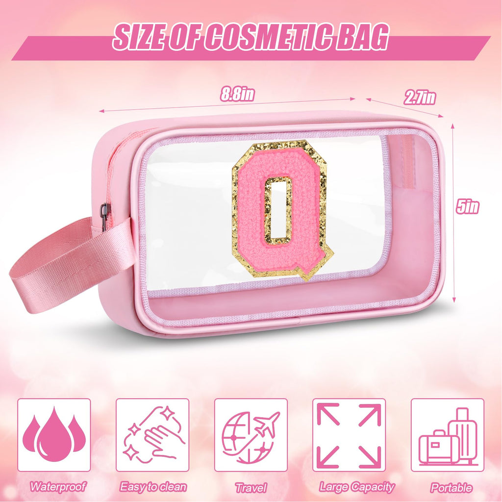 Vodolo Initial Makeup Bag,Letter Q Cute Clear Monogrammed Cosmetic Travel Bag for Womens Girls,Personalized Pink Aesthetic Traveling Make Up Organizer Bag for Beach,Waterproof Toiletry Bag