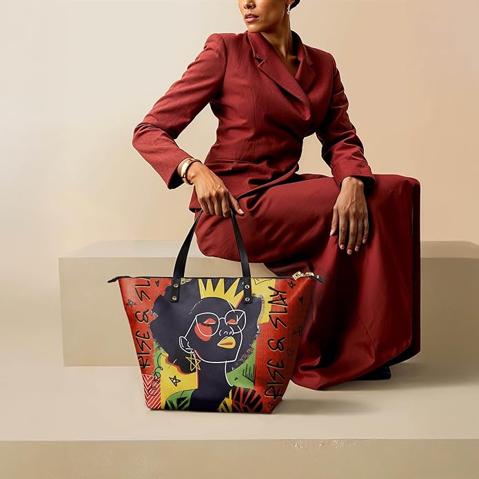 Afroyla Afrocentric Art Totebag for Black Women – Premium Leather, Work & Everyday Bag, Ideal Gift for Her on Mother's Day