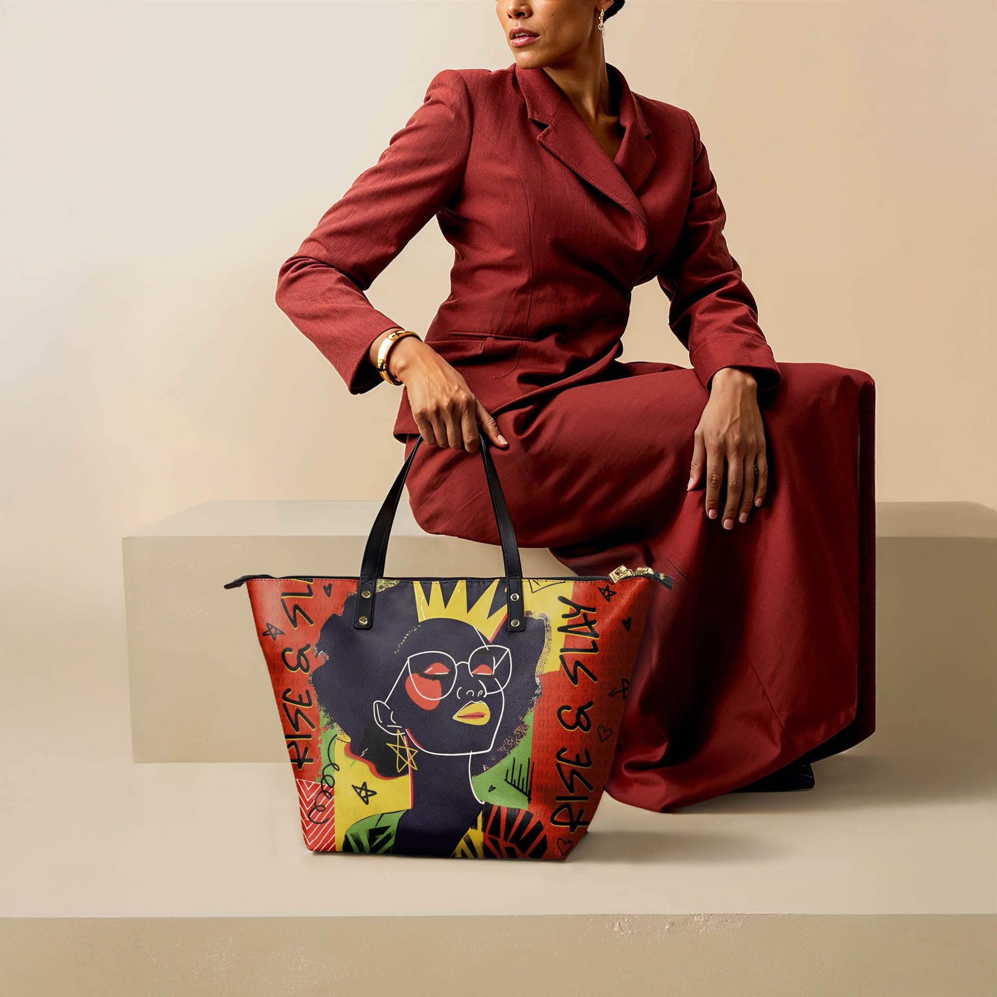 Afroyla Afrocentric Art Totebag for Black Women – Premium Leather, Work & Everyday Bag, Ideal Gift for Her on Mother's Day