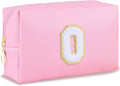 URSKYTOUS Initial Makeup Bag Personalized Preppy Travel Small Cosmetic Bag Cute PU Pink Chenille Letter Makeup Pouch for Purse Waterproof Zippered Toiletry Organizer for Women Girls Kids Friends (O)