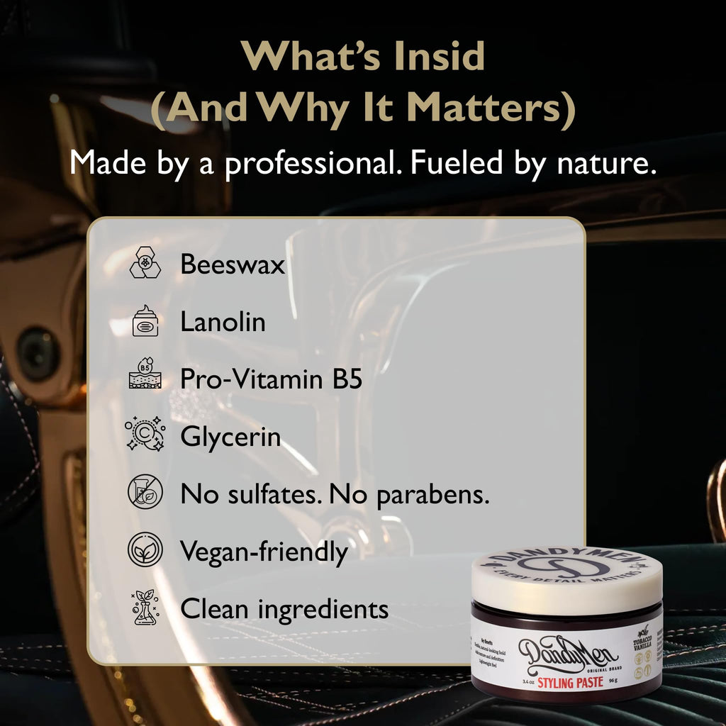 DandyMen Hair Styling Paste for Men | Medium Hold | Flexible Control & Natural Shine | Beeswax with Pro-Vitamin B5 | Tobacco Vanilla Scent | 3.4 oz, 1-Pack