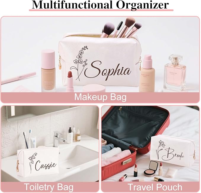 Fincekoom Personalized Makeup Bag with Name & Birth Flower, Custom Leather Cosmetic Bags for Women, Customized Travel Toiletry Bag Gifts for Bridesmaid Wedding