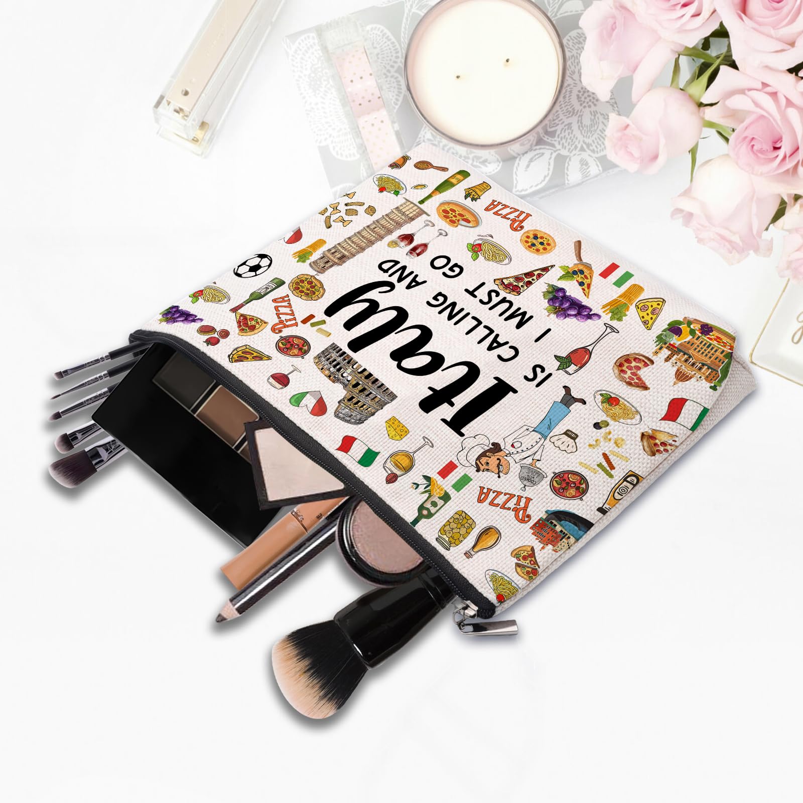 CEASQVAA Italy Travel Gift Makeup Bag, Italy Lover Themed Gifts for Traveller Women Friends, Italian Travel Trip Essentials Souvenir