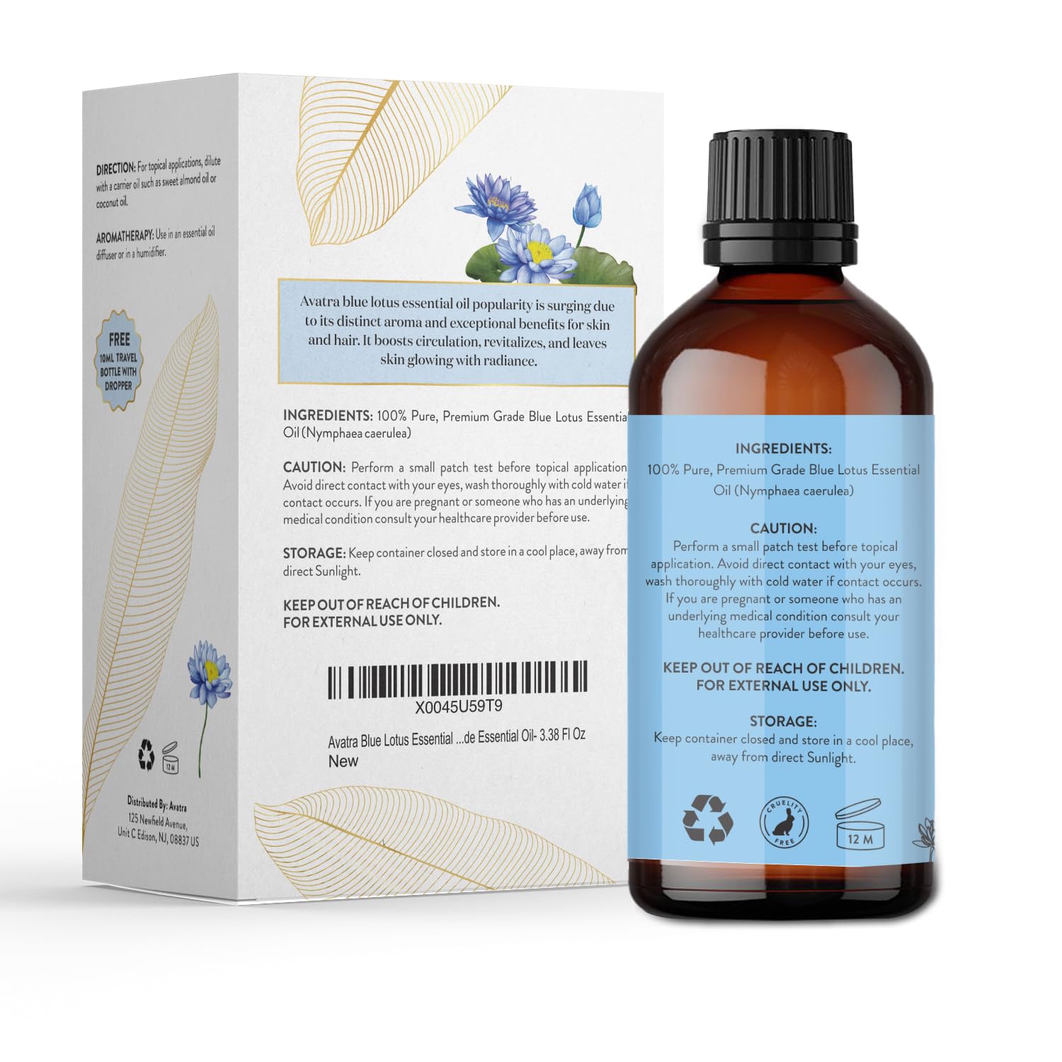 Avatra Blue Lotus Essential Oil for Diffuser, Skin & Candles | Natural & Undiluted Essential Oil | Aromatherapy, Soaps, Candles | Therapeutic Grade Essential Oil- 3.38 Fl Oz